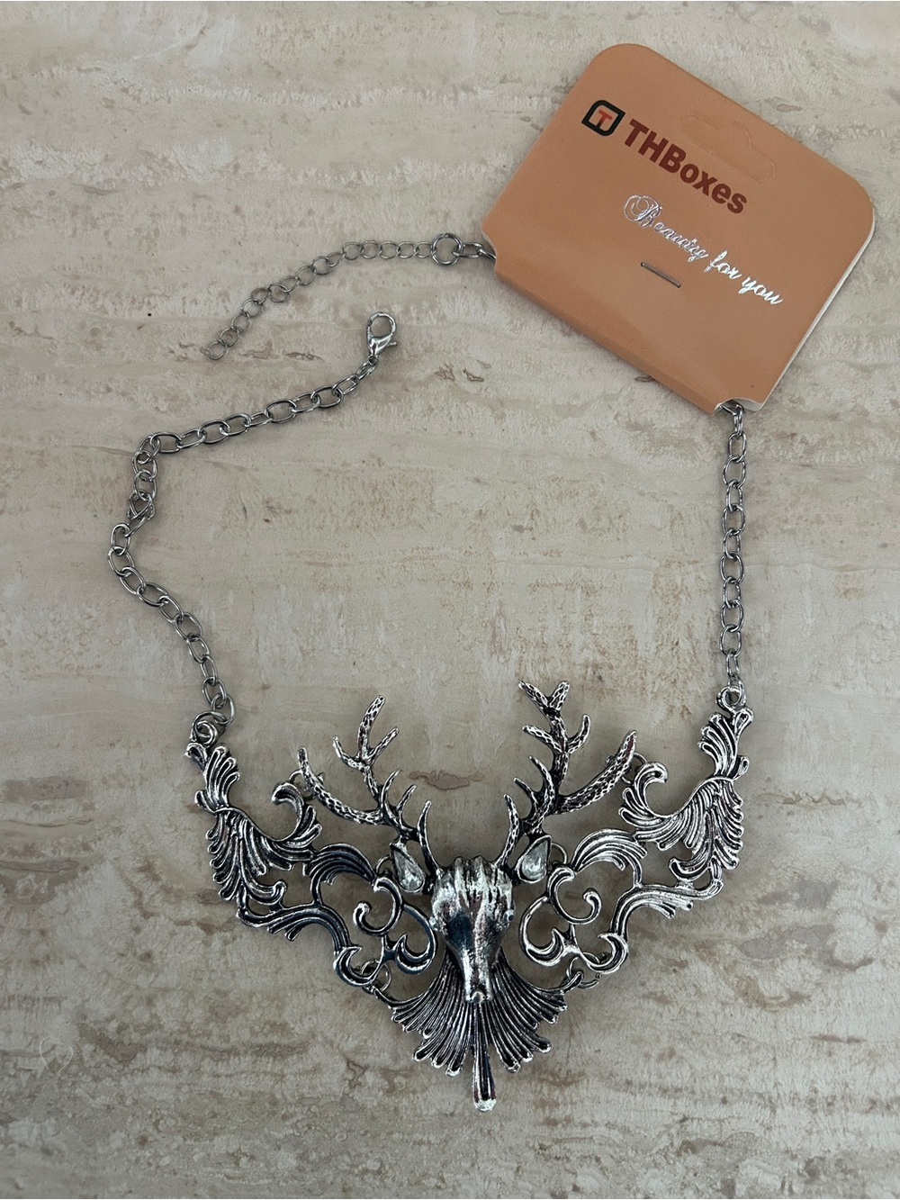 New silver tone antler deer statement necklace w/Crystals